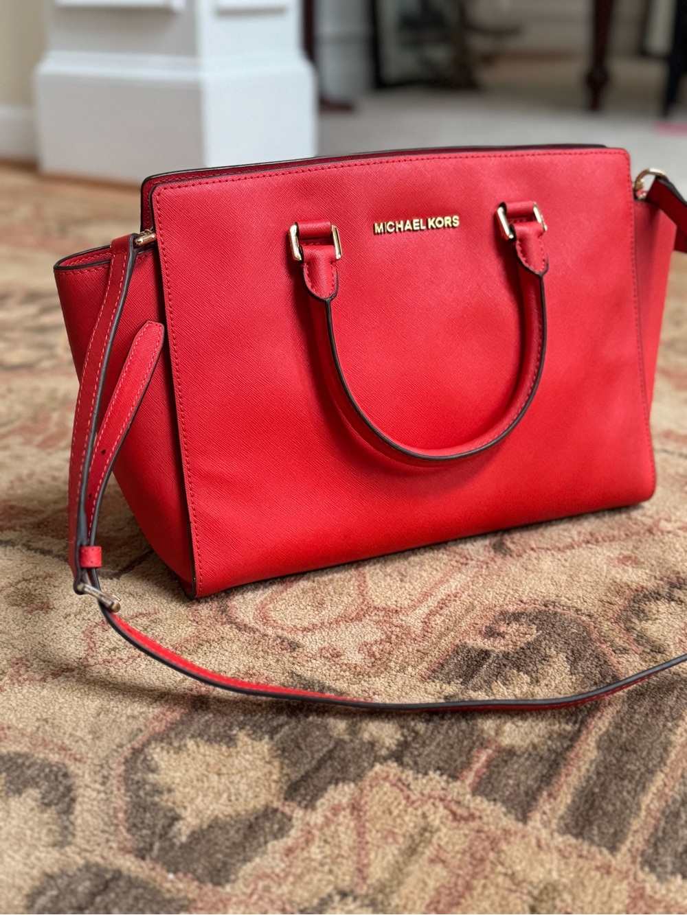 Michael Kors Red Saffiano Leather Satchel Bag with Strap